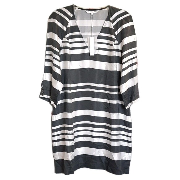 Trina Turk Black White Striped Split Sleeve V-Neck Tunic Mini Shift Dress Size L - Picture 1 of 6
